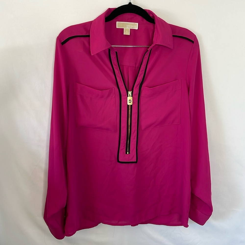 Michael‎ kors pink and black blouse gold zipper front pockets